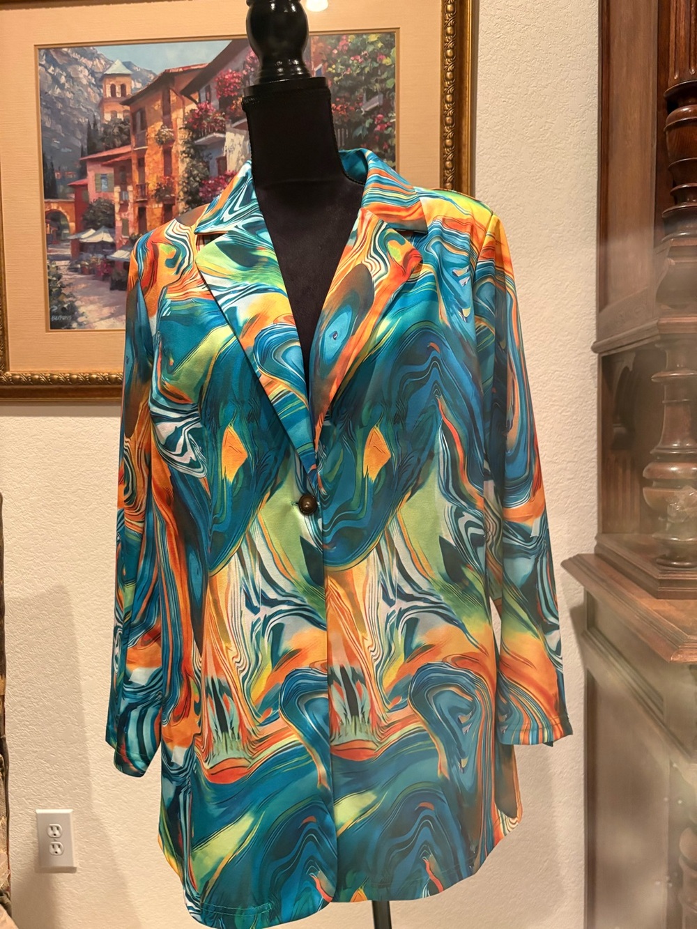Abstract Swirl Single-Button Blazer - Teal & Orange  XL